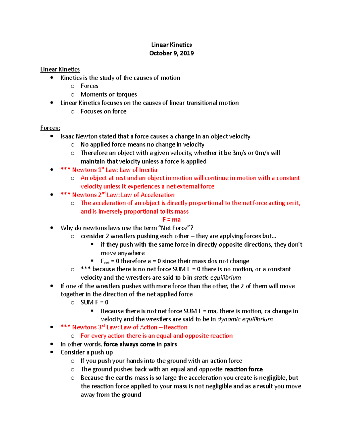 Linear notes for biomechanics with examples of formulas and