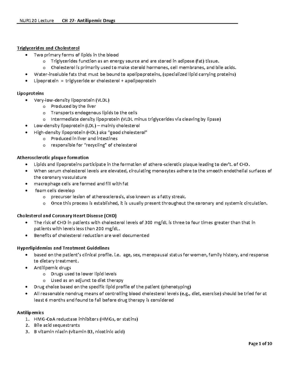 CH 27 Anti Lipemic Drugs Pharmacology Lecture Outline - Triglycerides ...