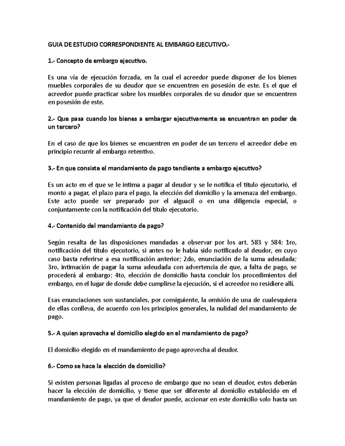 Guia De Estudio Del Embargo Ejecutivo - Derecho Procesal Civil 1 - Uapa 