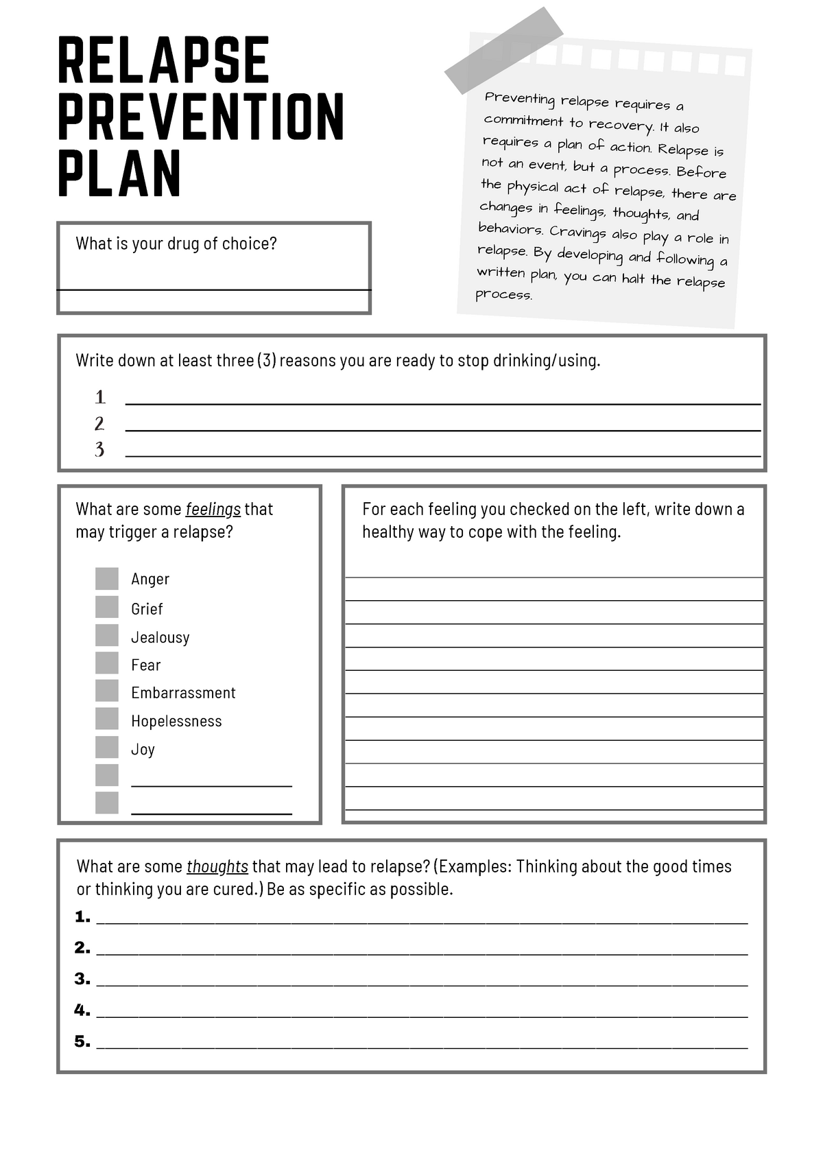 Relapse Prevention Plan Worksheets