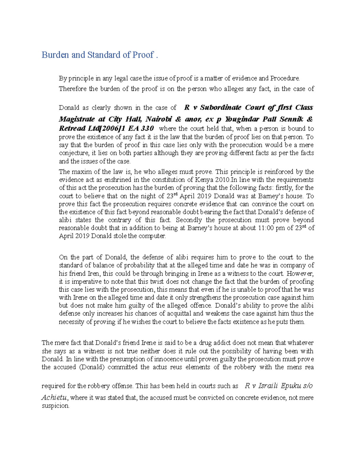 Criminal Law Essay - Burden and Standard of Proof. By principle in any ...