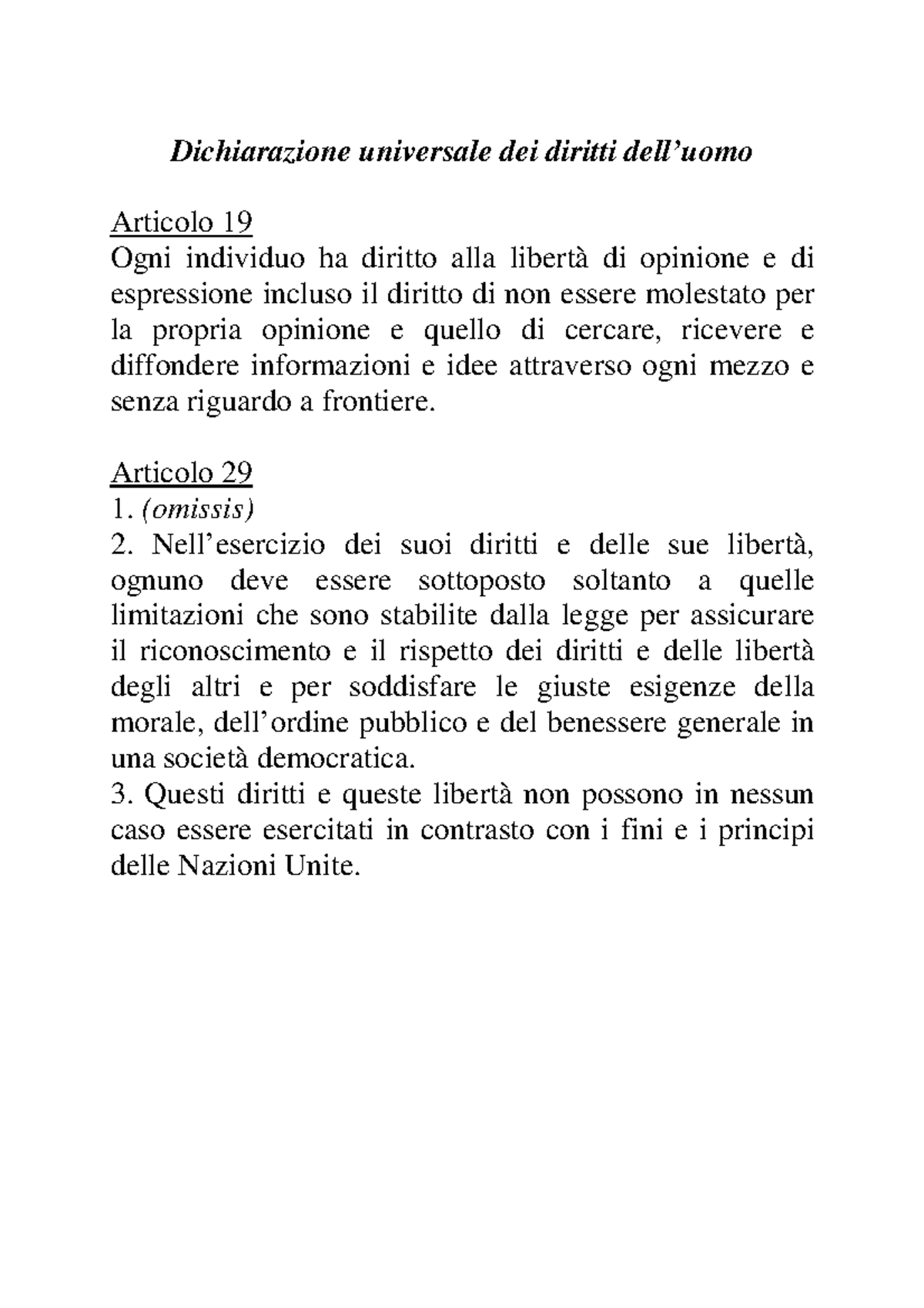 Fonti articoli fatti in aula Dichiarazione universale dei diritti
