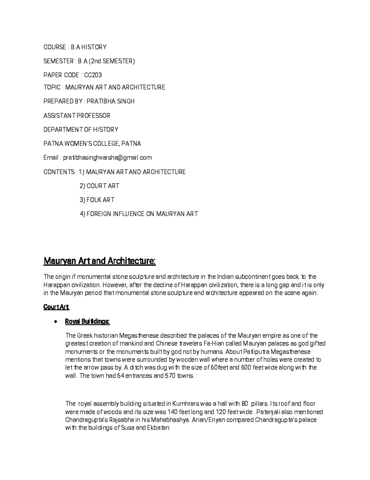 Mauryan Art and Architecture - COURSE:B SEMESTER:B( 2 ndSEMESTER ...