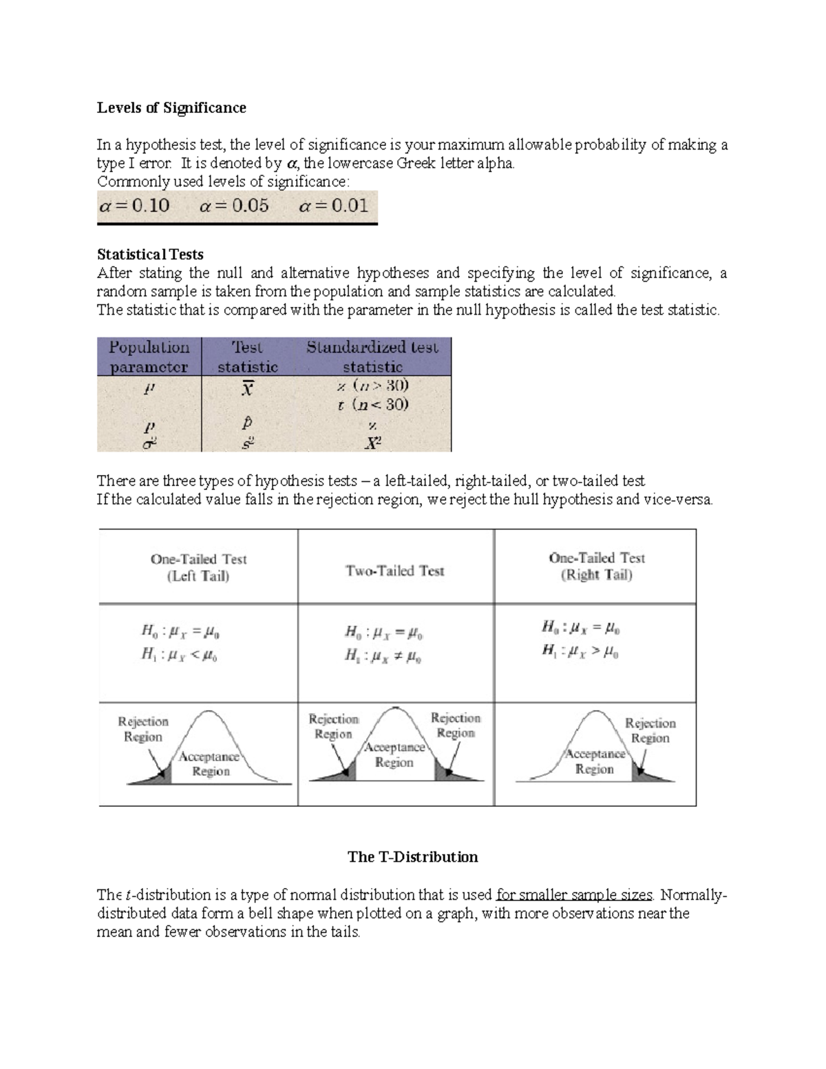 Week 6 notes (2216) Levels of Significance In a hypothesis test, the level of significance is
