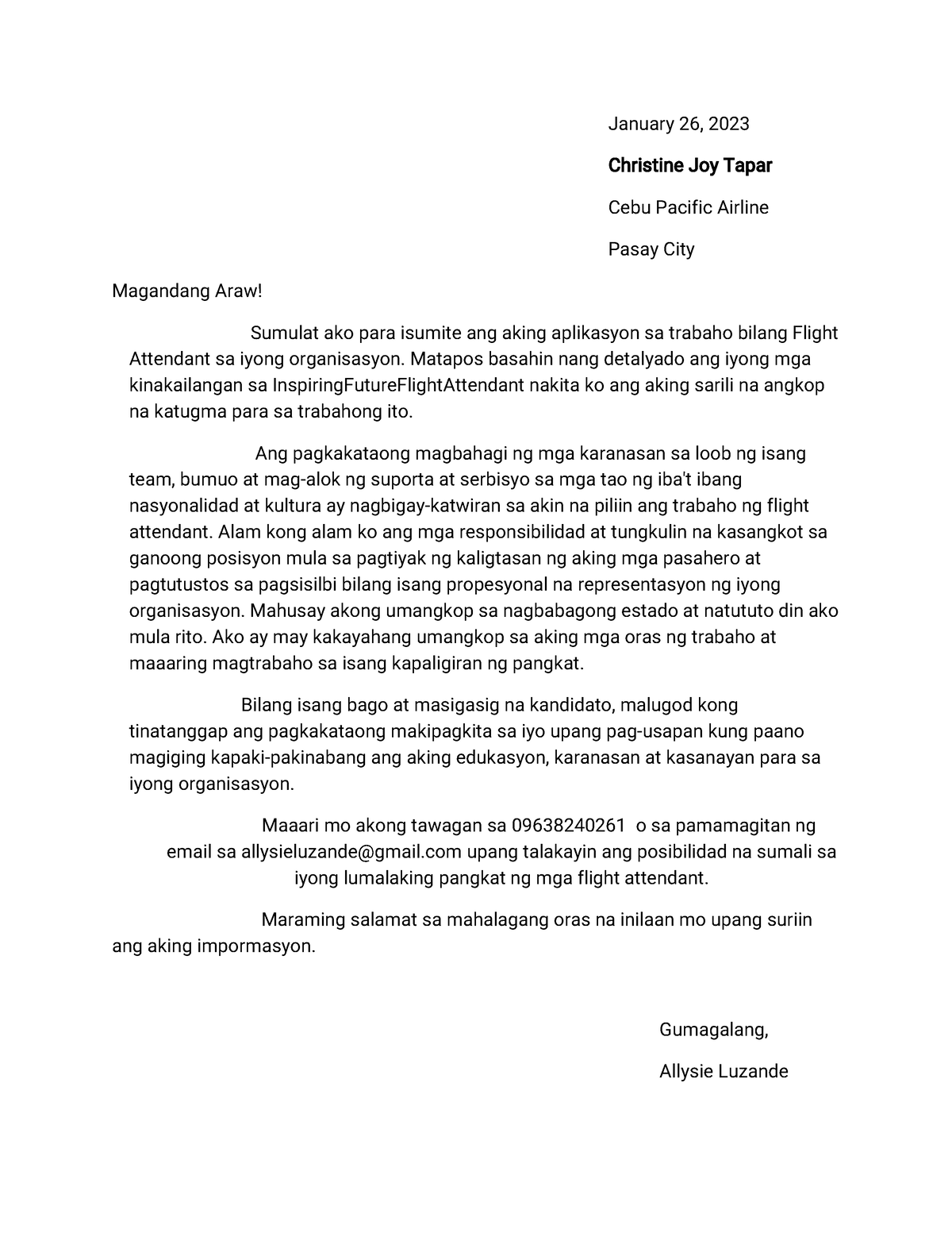 application letter sample filipino