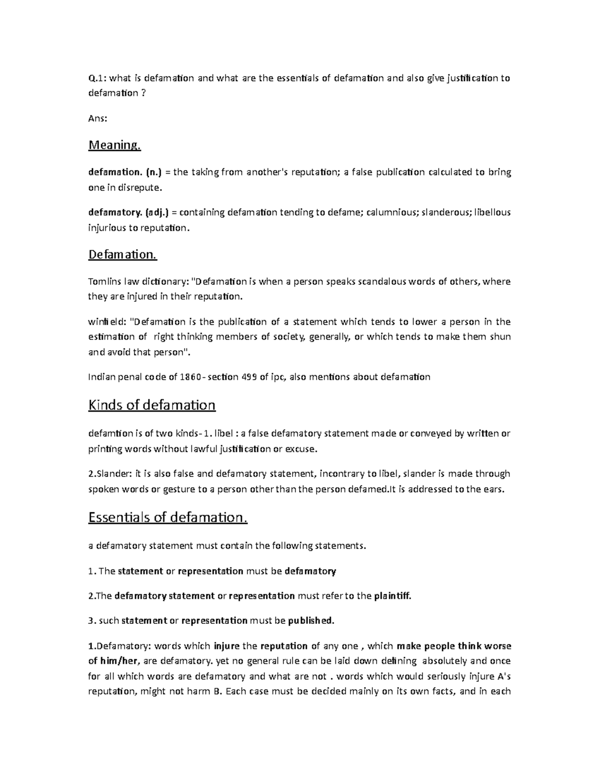 Defamation - Grade: B - Q: what is defamation and what are the ...