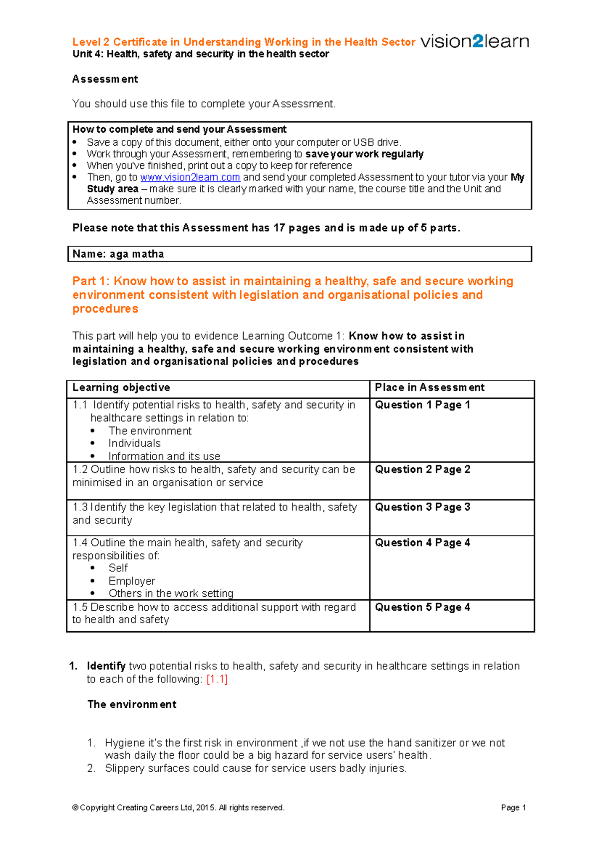 U4-assessment health sector - Unit 4: Health, safety and security in ...