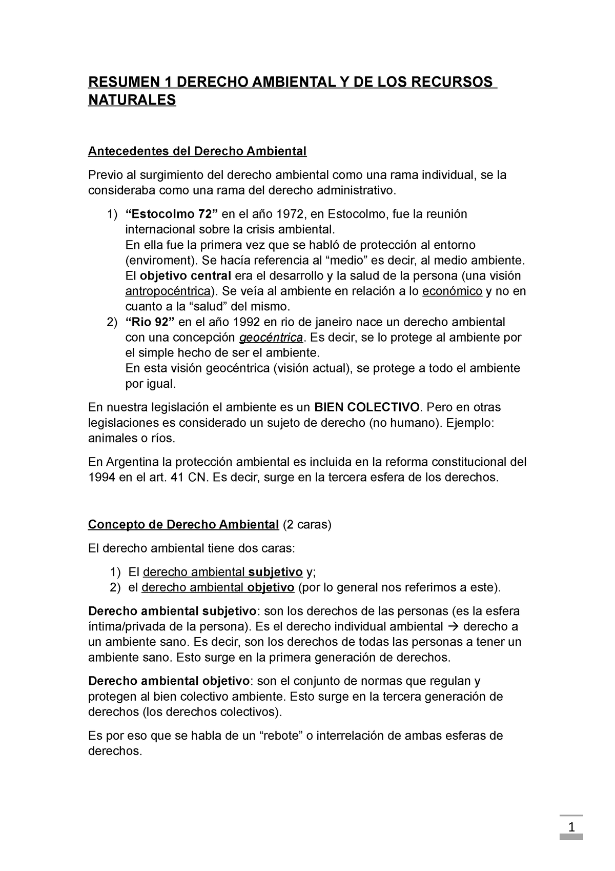 Resumen 1 Derecho Ambiental Y DE LOS Recursos Naturales - RESUMEN 1 ...