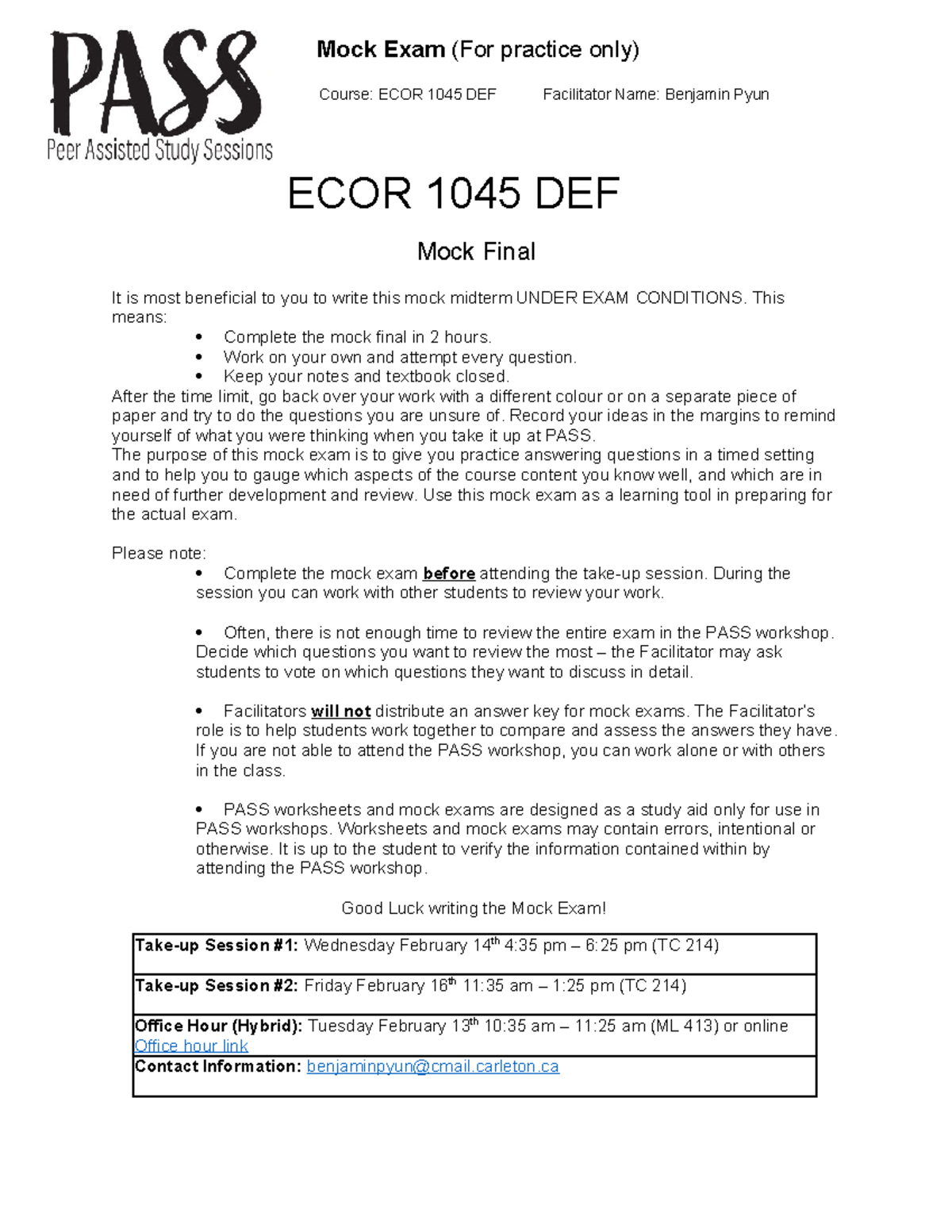 ECOR 1045 DEF - Mock Final - Course: ECOR 1045 DEF Facilitator