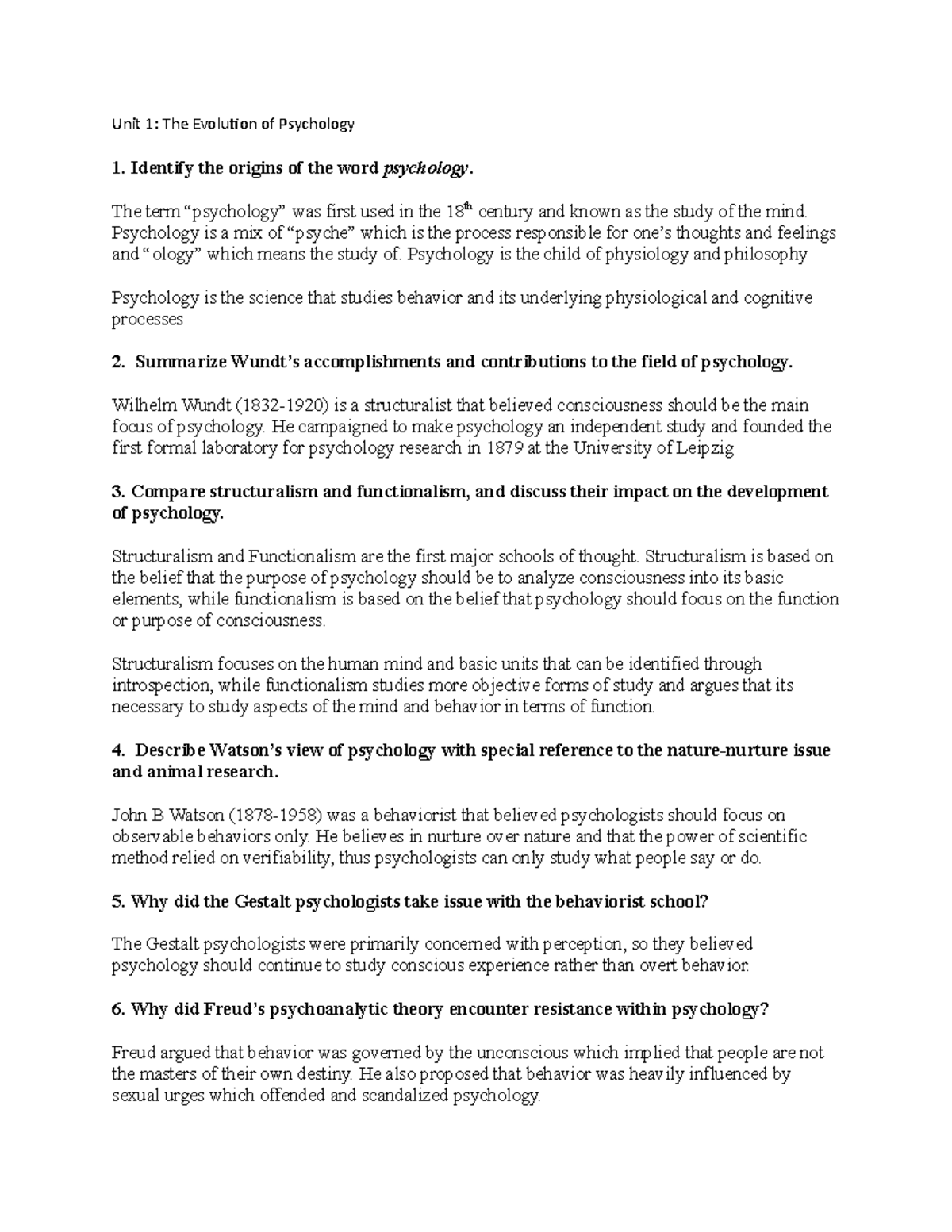 Psychology Unit 1 study questions - Unit 1: The Evolution of Psychology ...