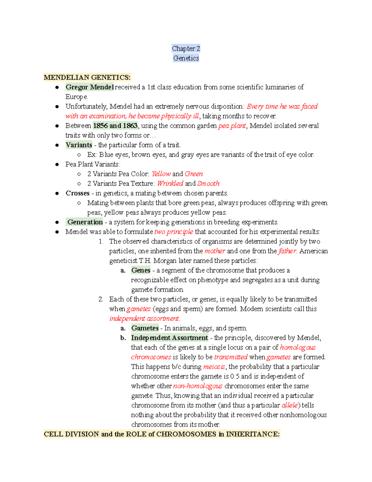 ANTH Chapter 2 12 Sept 2022 - Chapter 2 Genetics MENDELIAN GENETICS ...