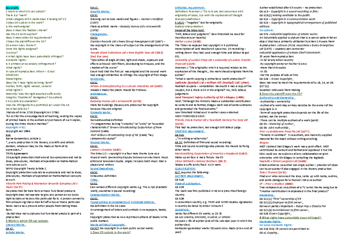 Principles of IP Notes - Copyright: 1 Work in which CR can subsist ...