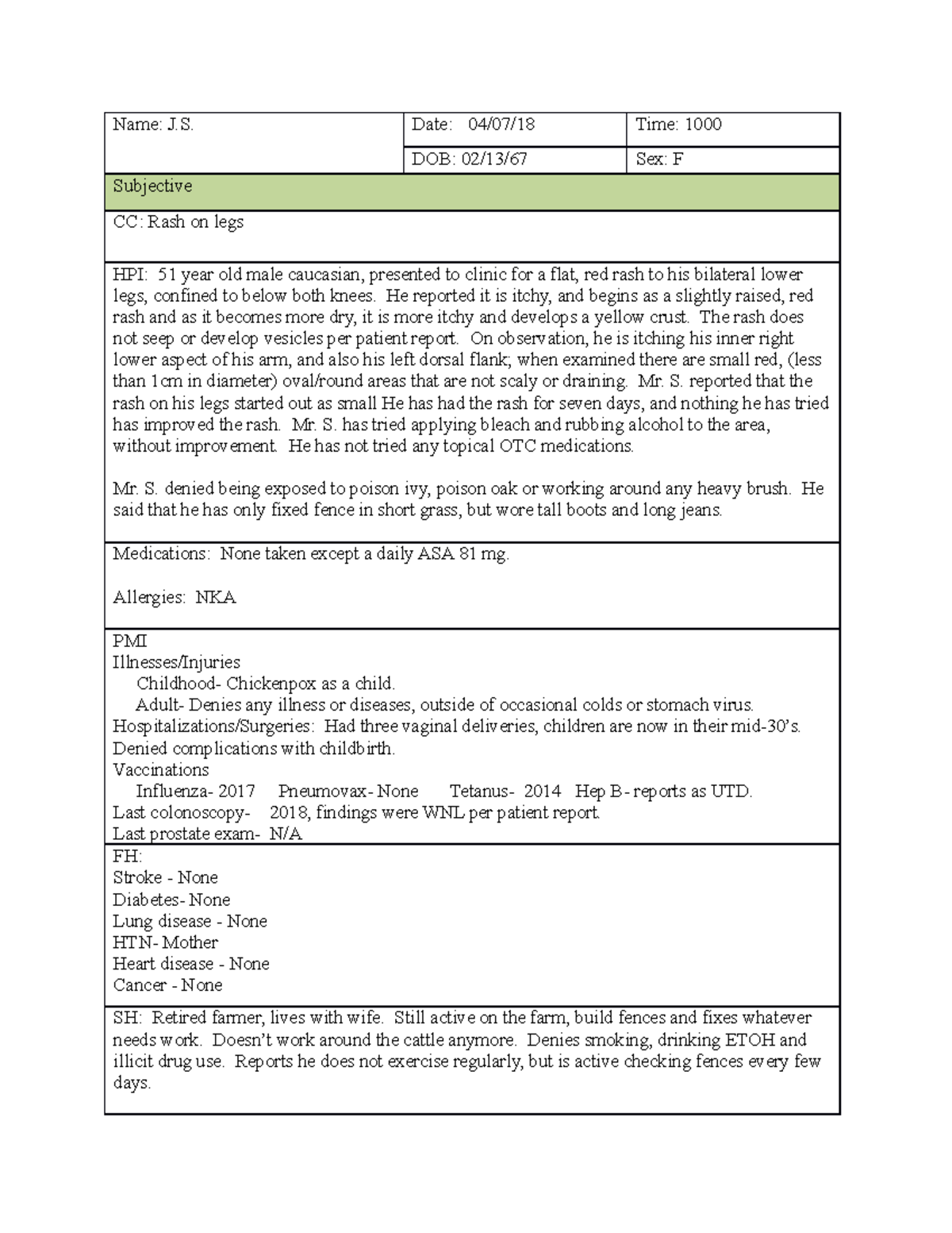 SOAP 4, RASH Sem1, J.S. - ... - Name: J. Date: 04/07/18 Time: 1000 DOB ...