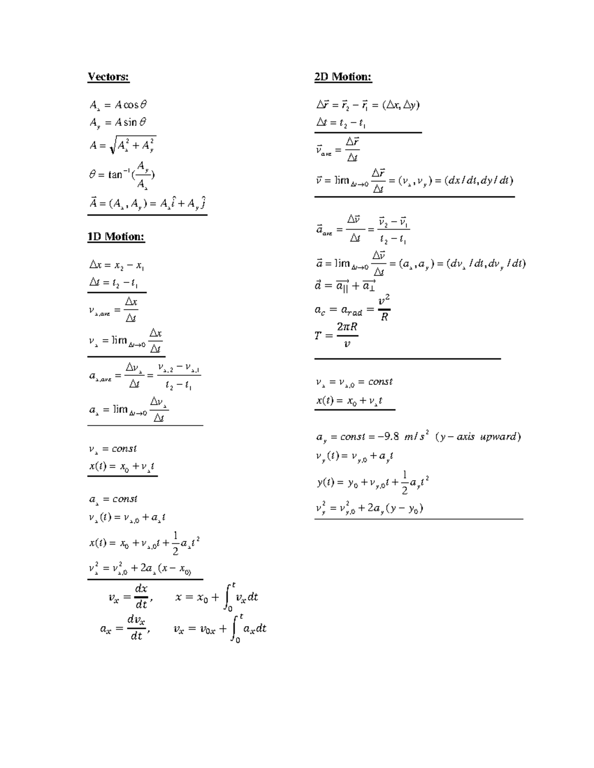 Equations 2 - Vectors: 2D Motion: Ax A cos r r2 r1 ( x, y ) Ay A sin t ...