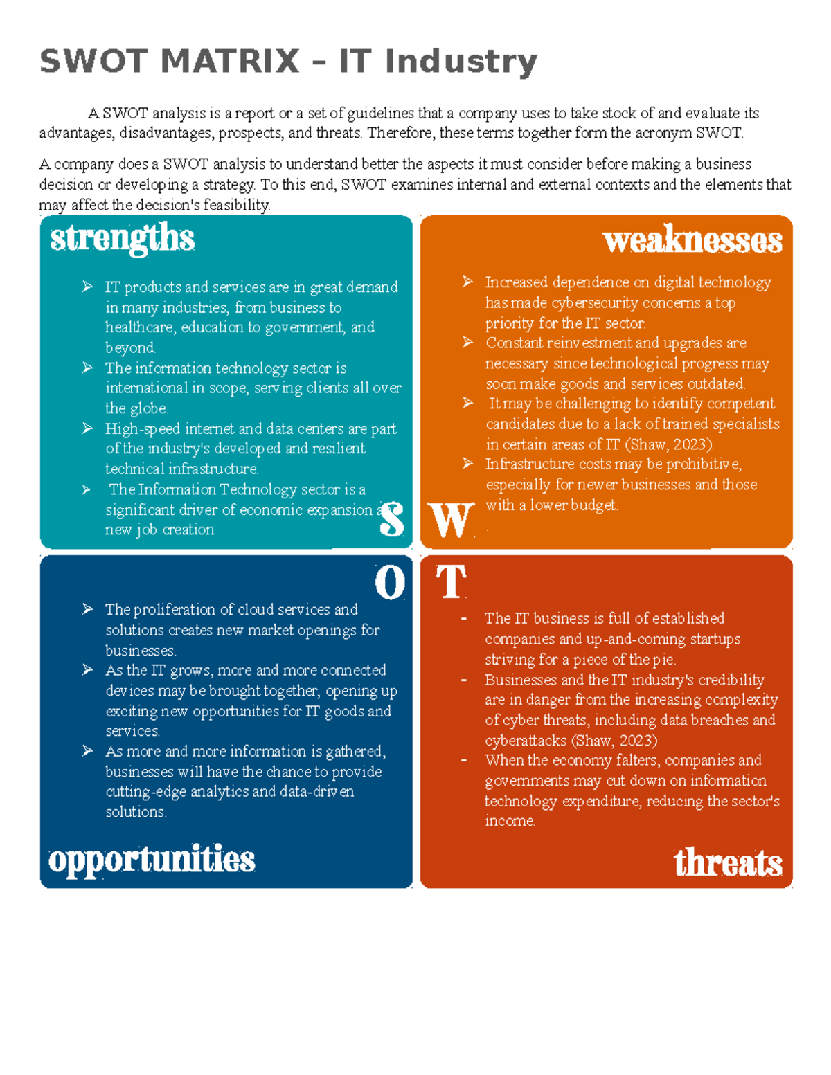 SWOT Analysis - IT Industry Updated - SWOT MATRIX – IT Industry A SWOT ...