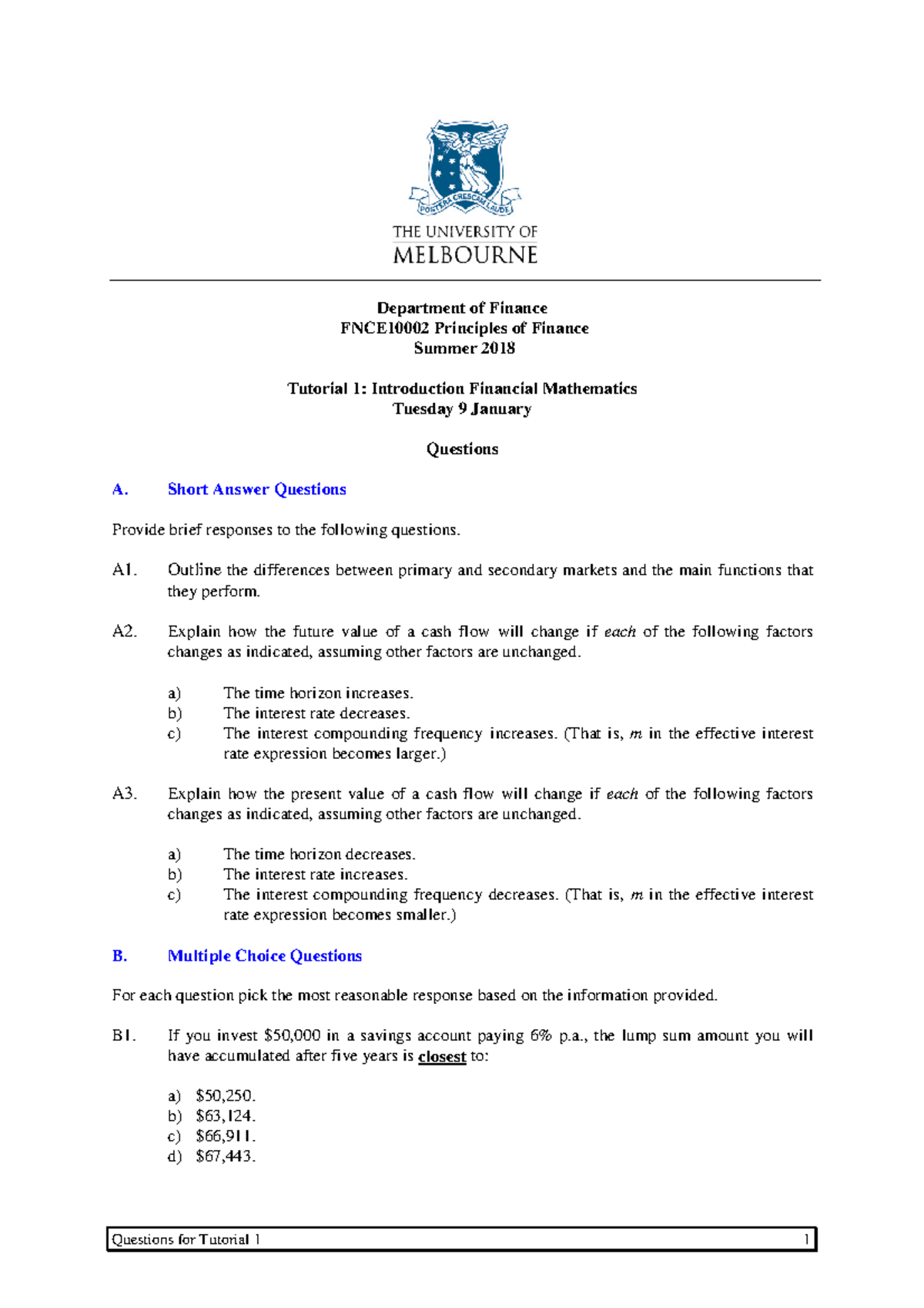 FNCE10002-Tutorial 01-Questions-Summer 2018 - Department of Finance ...