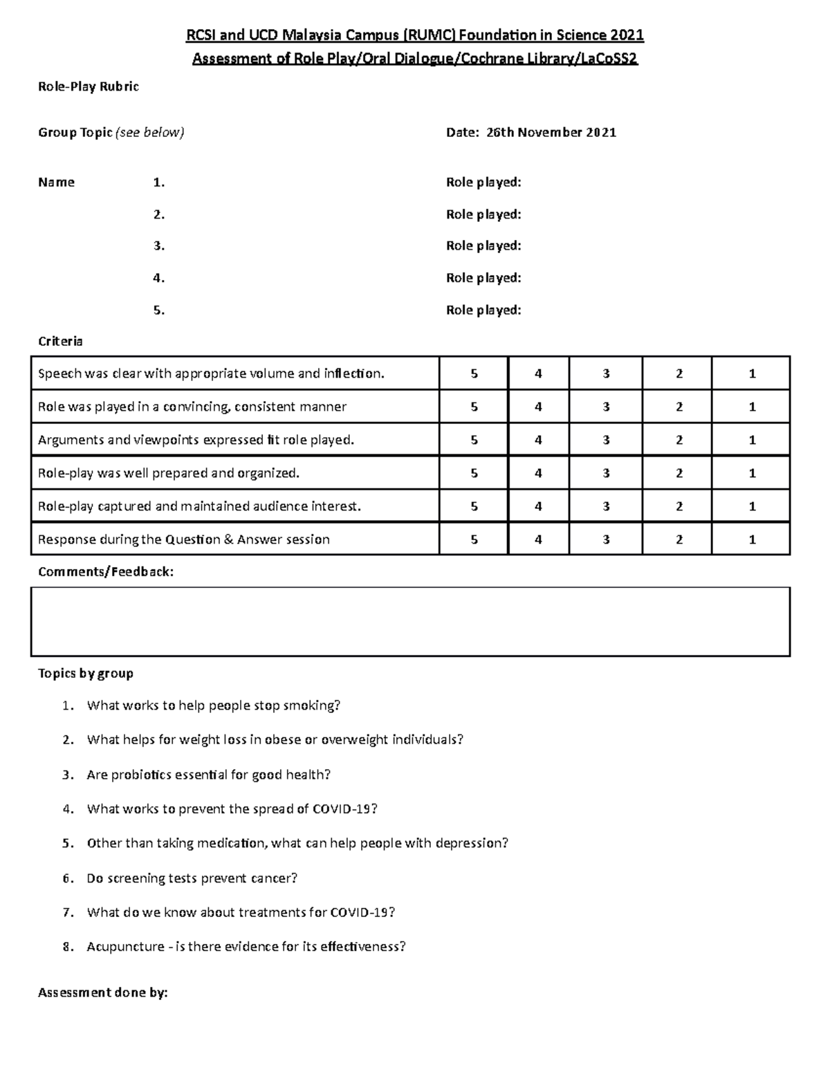 Assessment of Role Play Oral Dialogue Rubric - RCSI and UCD Malaysia ...