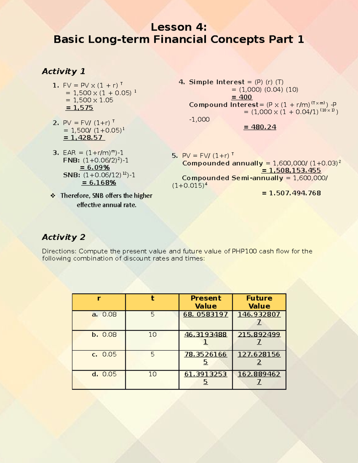 Business Finance -Q2W1-2 - Lesson 4: Basic Long-term Financial Concepts ...