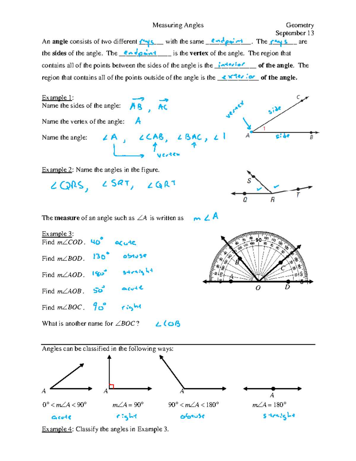 09-13 - measuring angles - Measuring Angles Geometry September 13 An ...