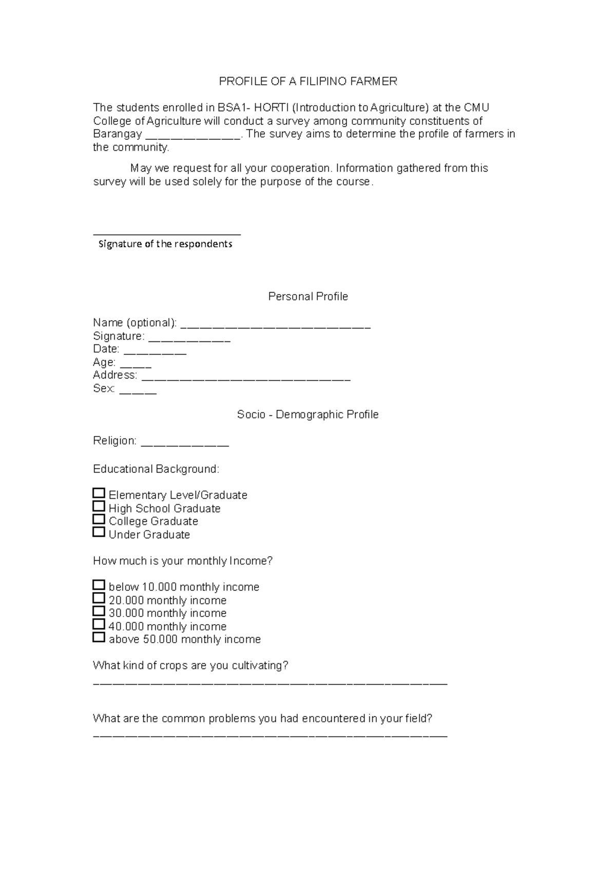 Intro-to-agri - Research paper Survey - PROFILE OF A FILIPINO FARMER ...