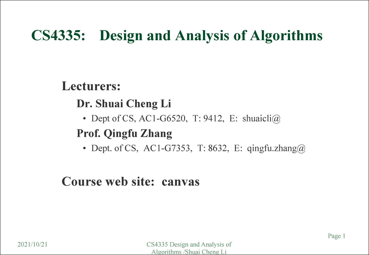 Cs4335 Lecture 1-20 - Design And Analysis Of Algorithms - CityU - Studocu