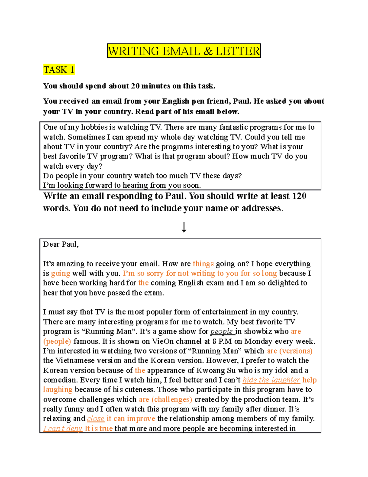 Writing Email - Do any - WRITING EMAIL & LETTER TASK 1 You should spend ...