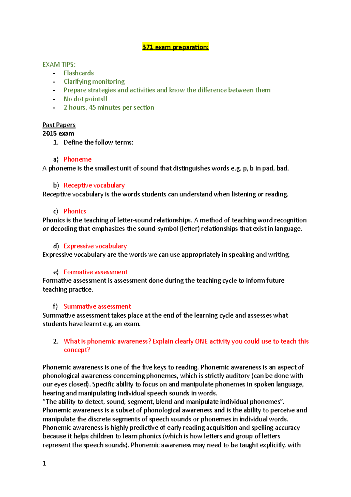 Final 1 2019, questions and answers - 371 exam preparation: EXAM TIPS ...