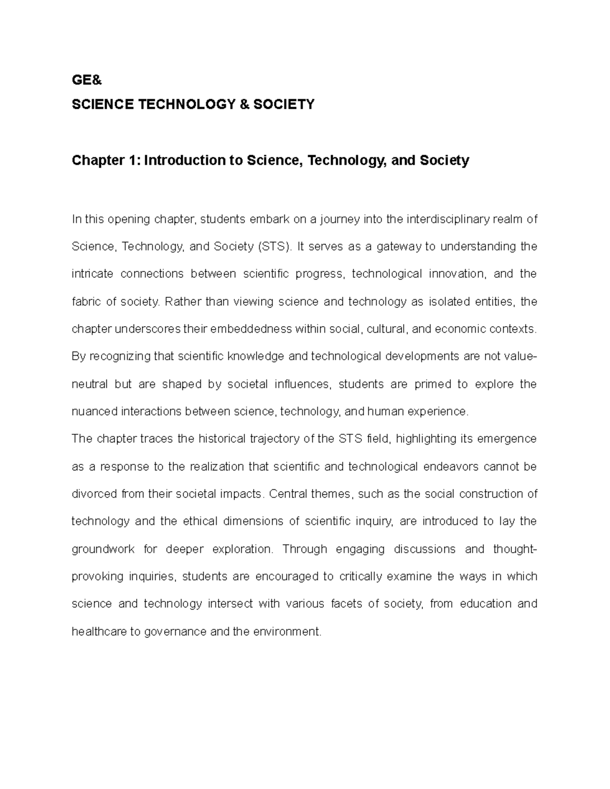 GE7-summary - Ge 7 summary - GE& SCIENCE TECHNOLOGY & SOCIETY Chapter 1 ...