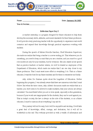 Reflection day 1 - FOR EDUCATION PURPOSE ONLY - Name: Date: Jamuary 17 ...