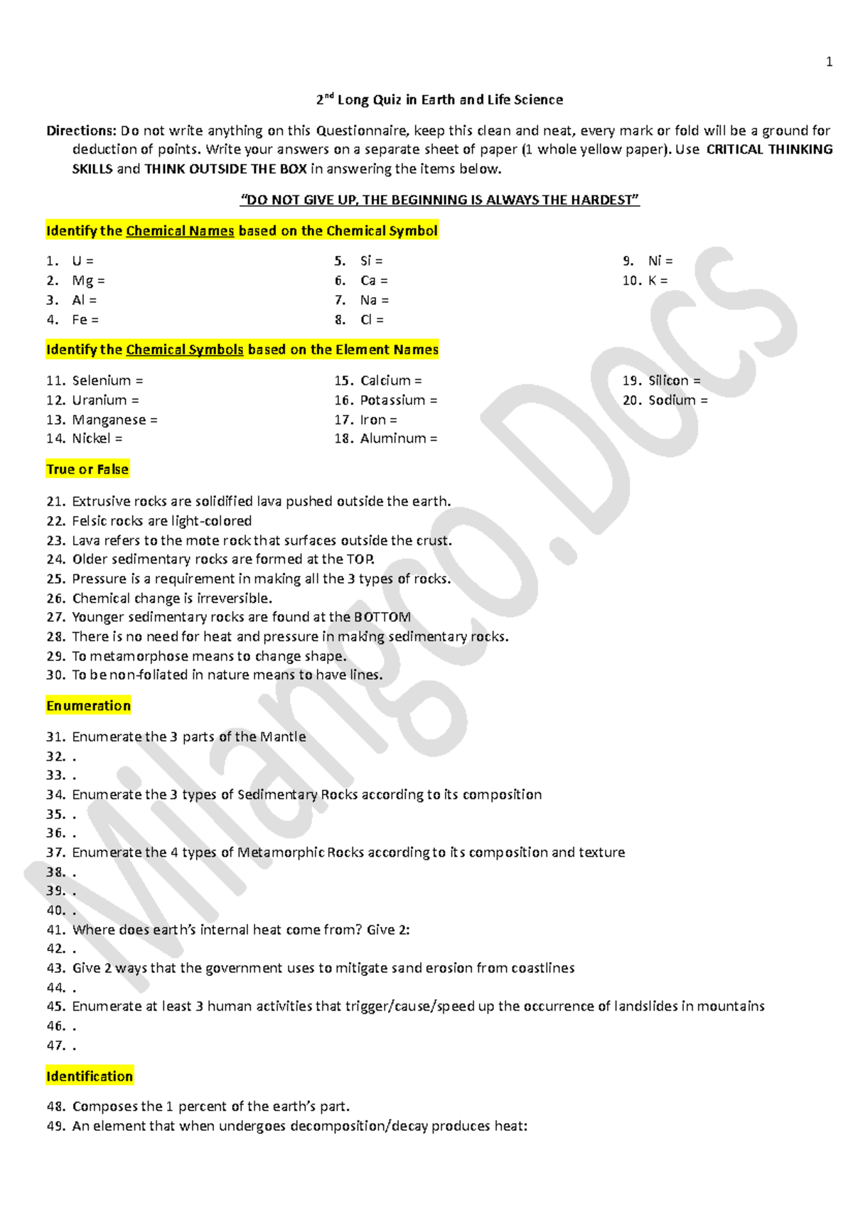 2nd long quiz set b in Earth and Life Science 1 2 nd Long Quiz in Earth and Life Science Studocu