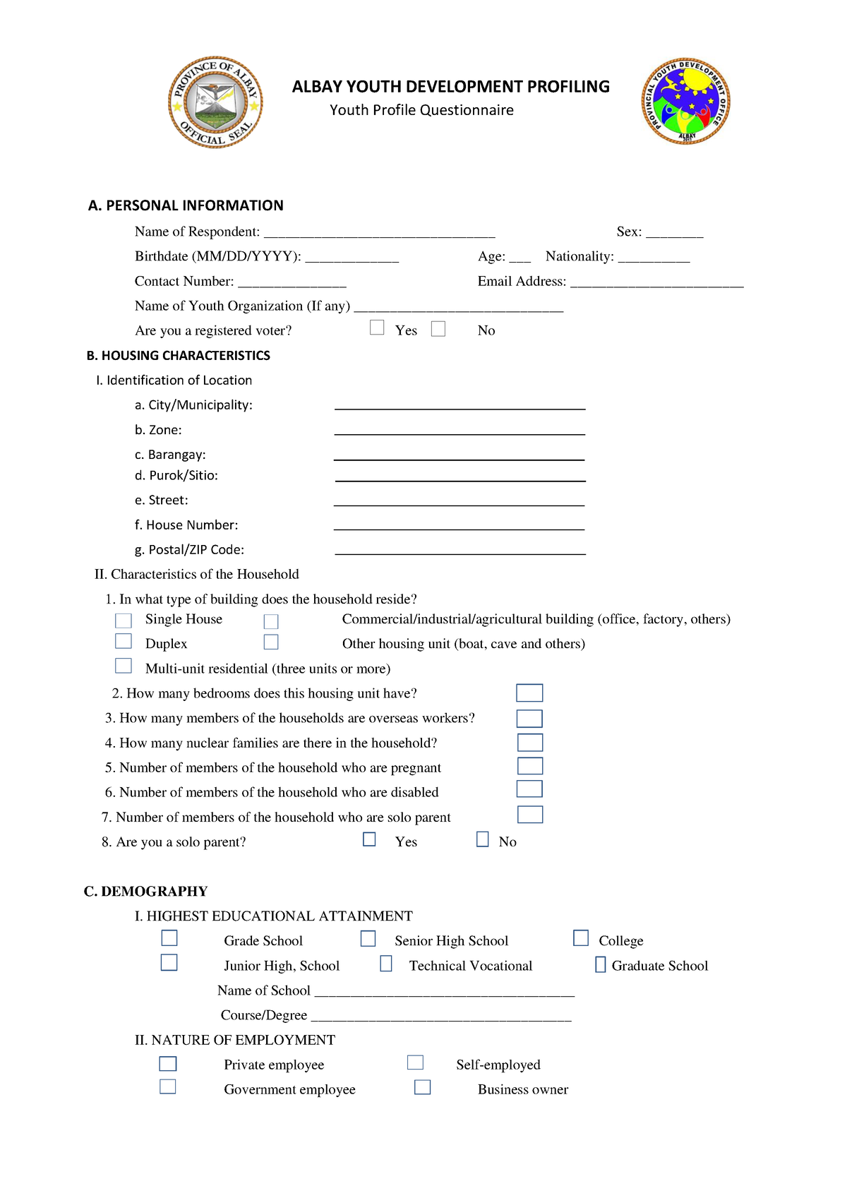 Youth Profiling Questionnaire Age Nationality Name