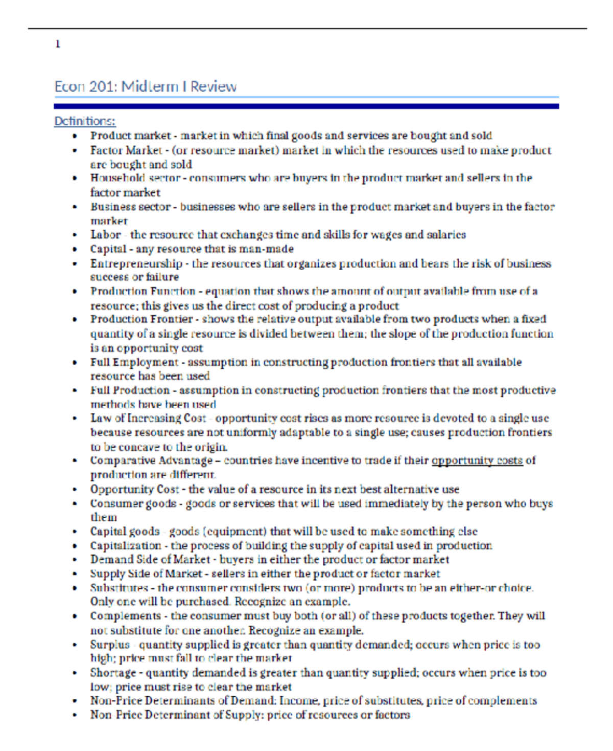 Midterm Review Definitions (ECON201) - ECON 201 - Concordia - Studocu