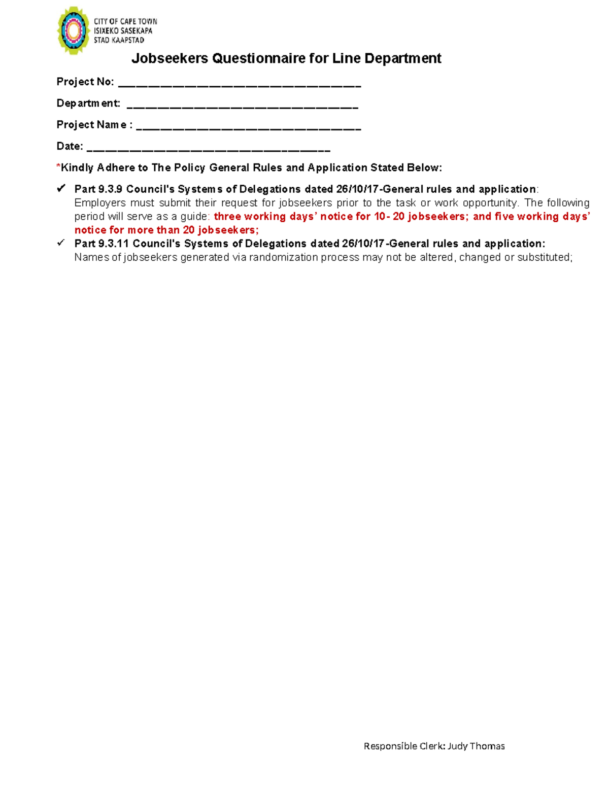 EPWP jobseeker request form - Jobseekers Questionnaire for Line ...