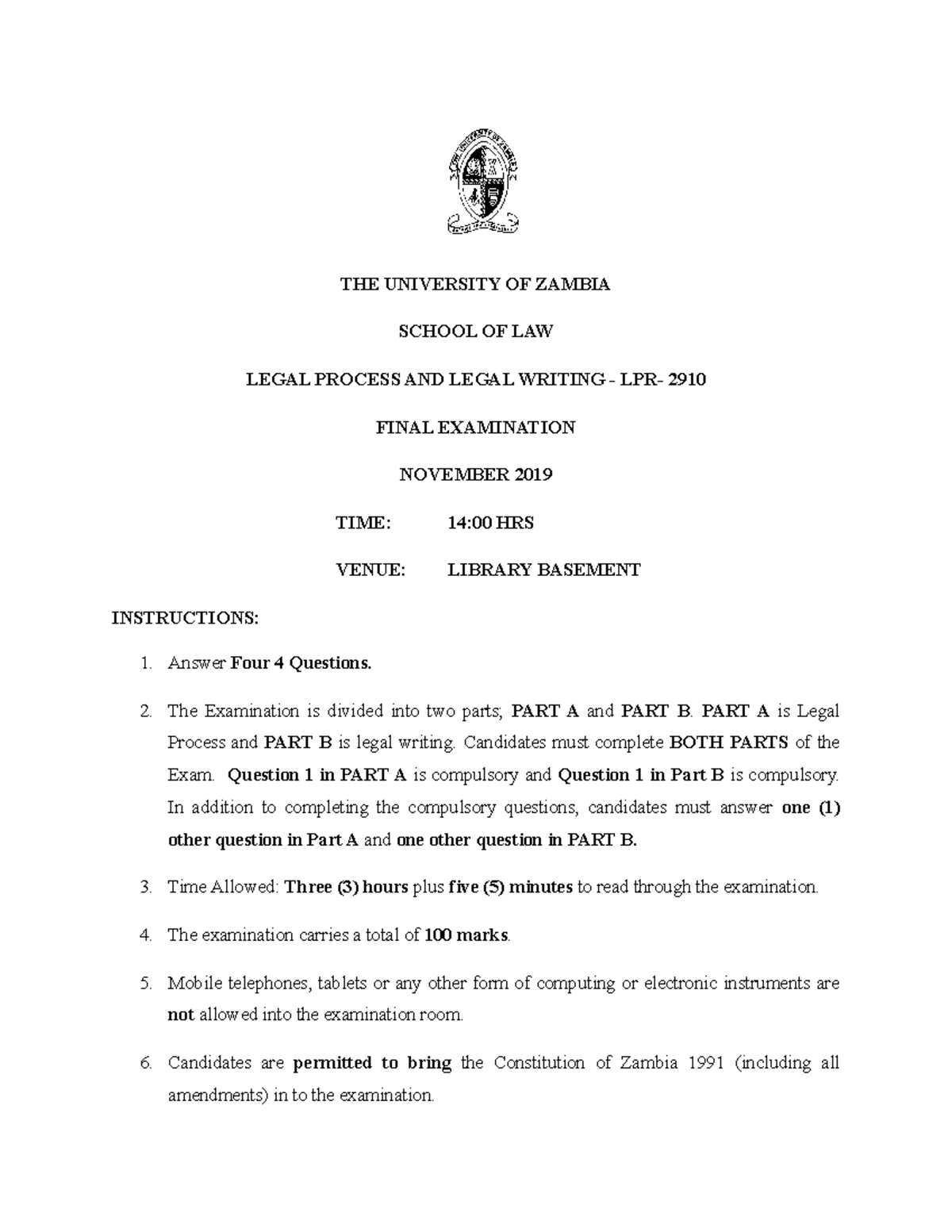 Sample LPR 2910 examination Paper from October 2020 from the University