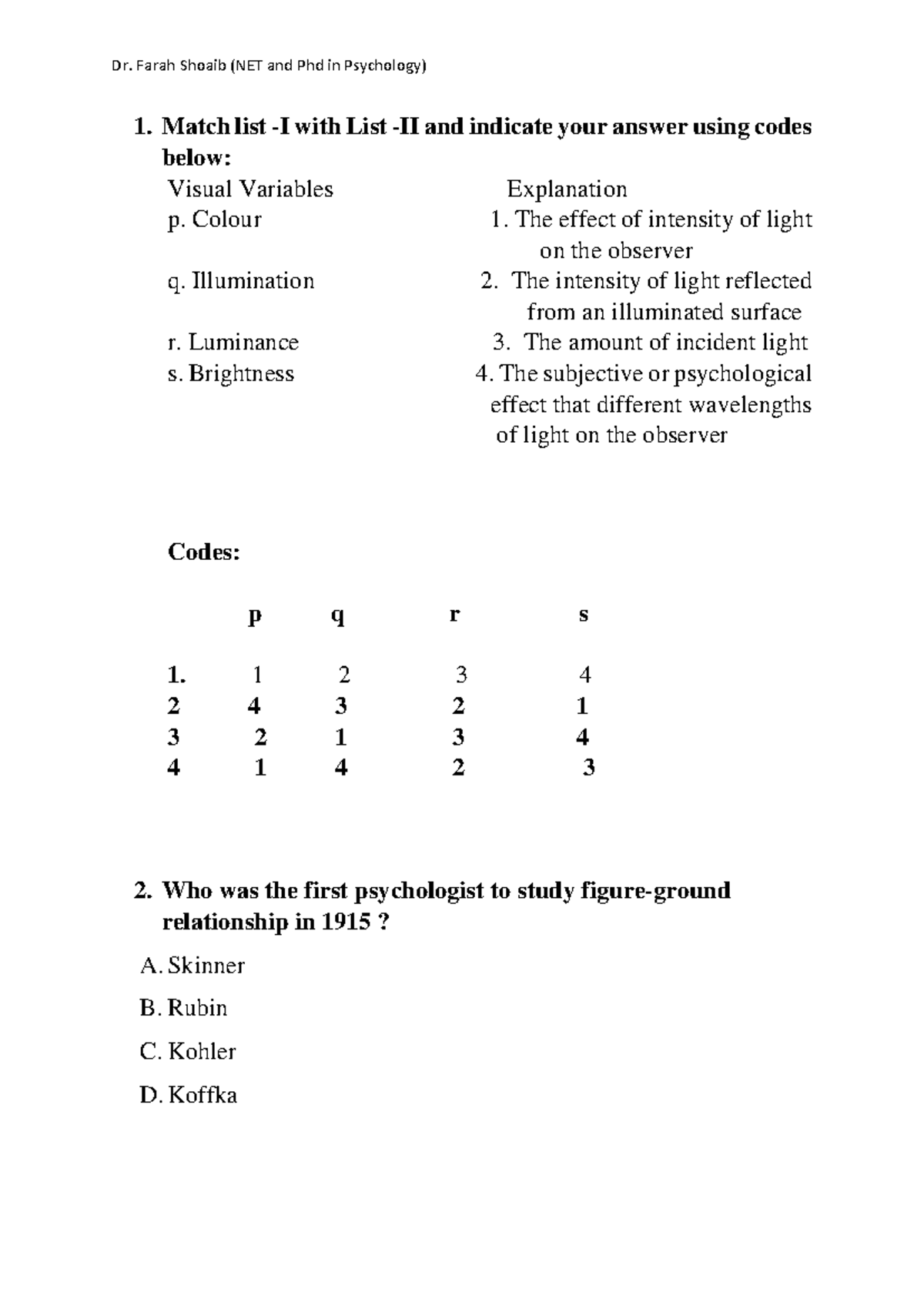 Perception Lecture -2 - For B.A and M.A Psychology - Match list - I ...