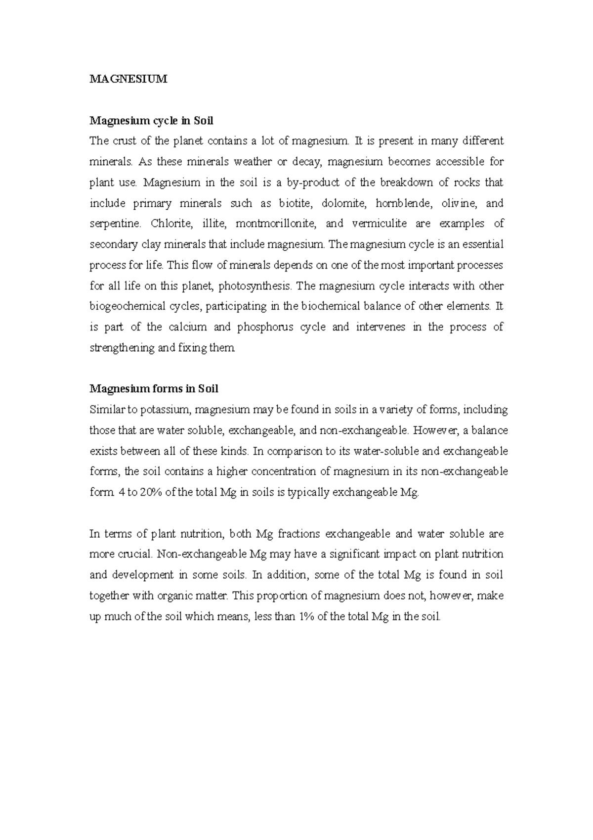 AGR521 Magnesium IN SOIL MAGNESIUM Magnesium cycle in Soil The crust