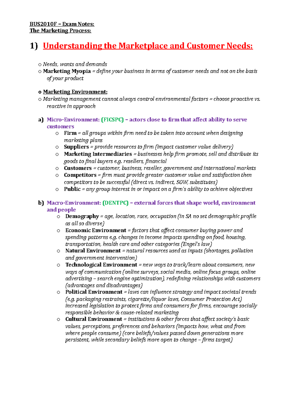 BUS2010 F – Exam Notes - BUS2010F Exam Notes: The Marketing Process: 1 ...