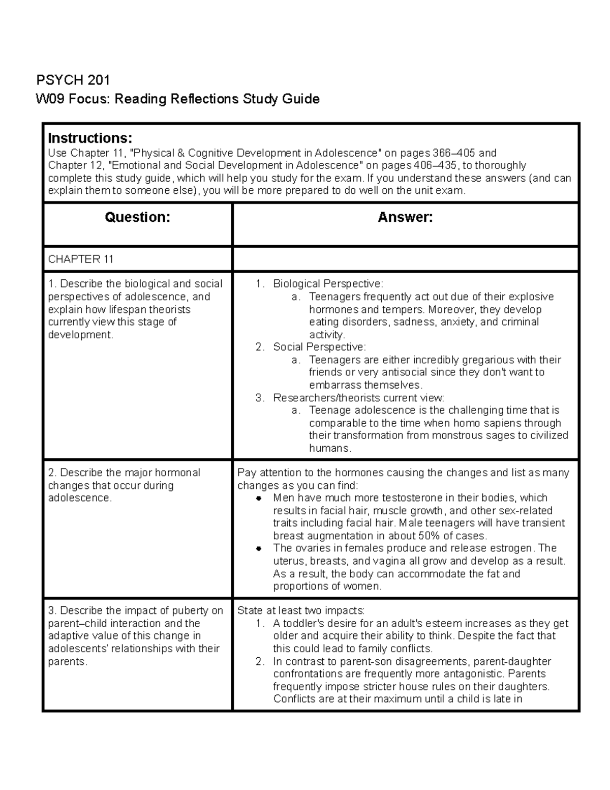 Psych 201 document W09Reading Reflections Study Guide PSYCH 201 W09