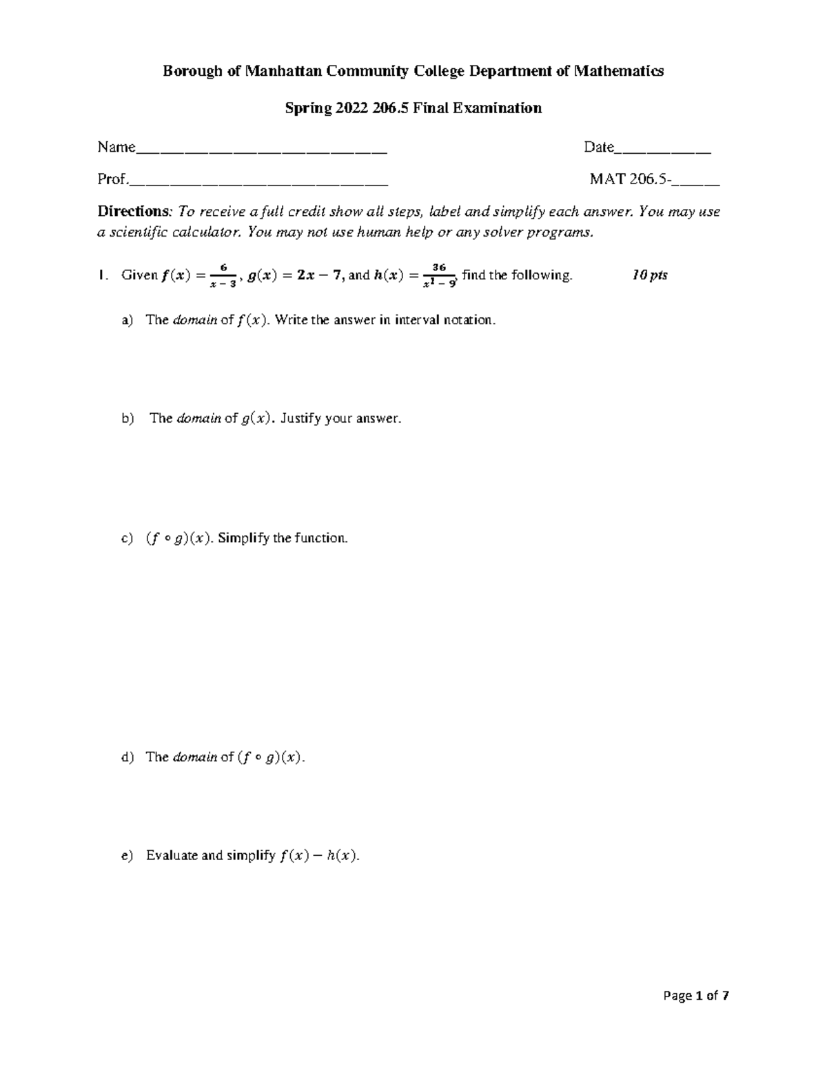 Spring 2022 MAT 206.5 Departmental Final Exam - Borough of Manhattan ...