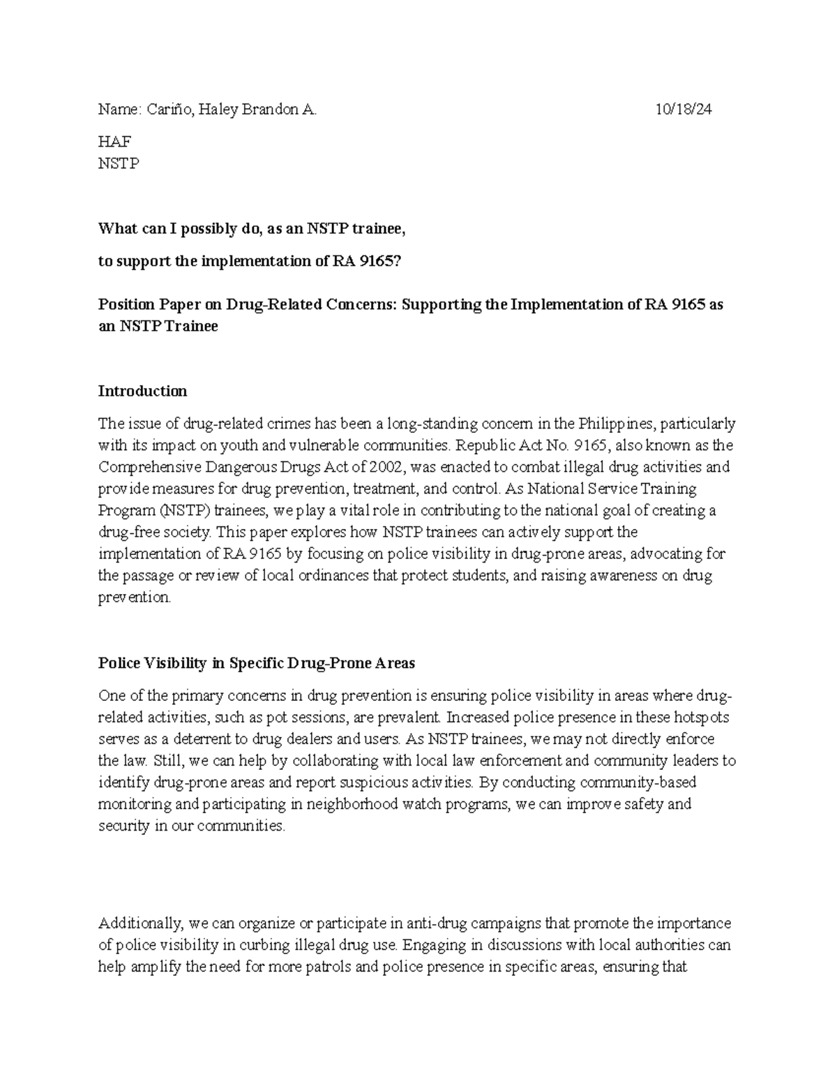 NSTP position paper Name Cariño, Haley Brandon A. 10/18/ HAF NSTP
