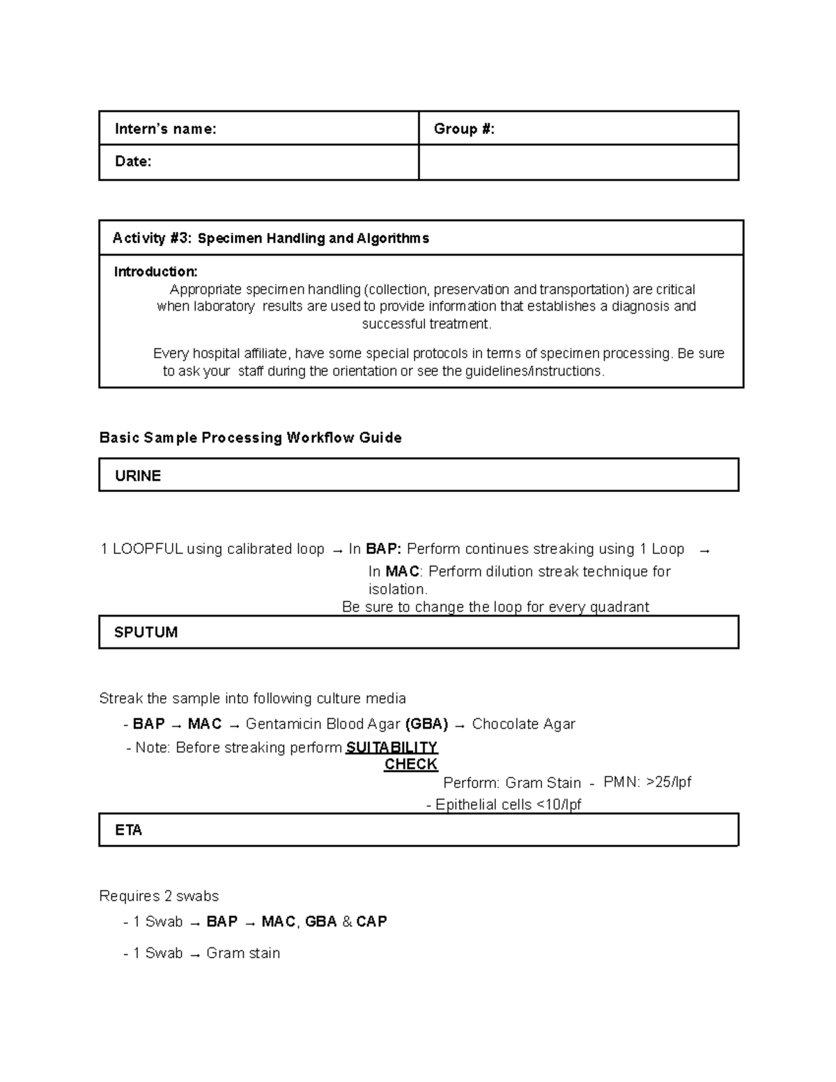 Specimen Handling and Algorithm - Intern’s name: Group #: Date ...