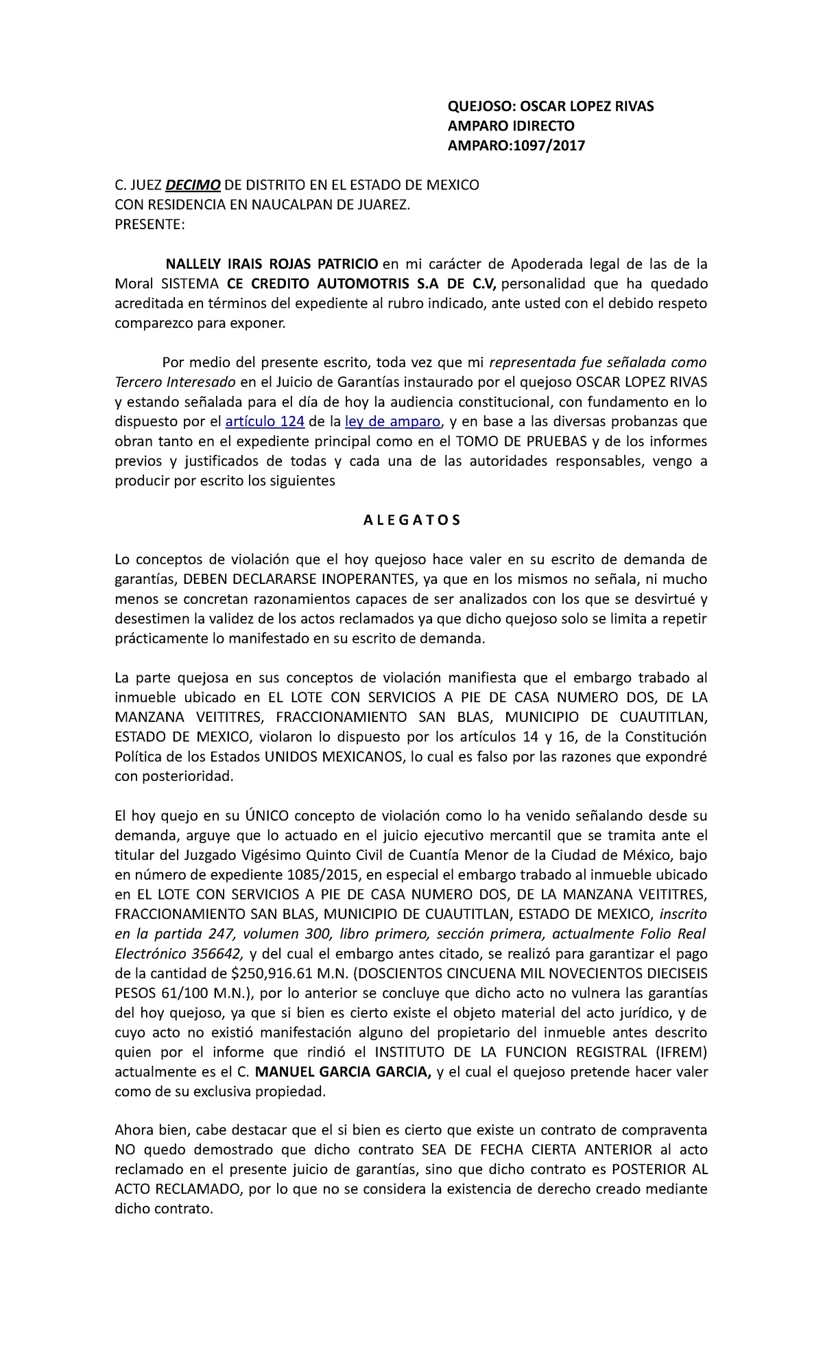 Quejoso - REPASOS - QUEJOSO: OSCAR LOPEZ RIVAS AMPARO IDIRECTO AMPARO ...