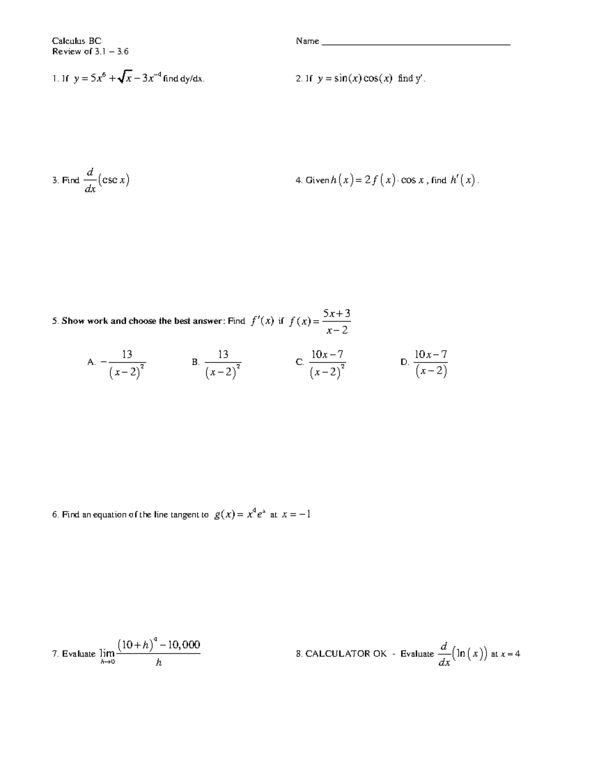 Review 3.1 - 3 - rtttttttttttttttttttttt - Calculus BC Name