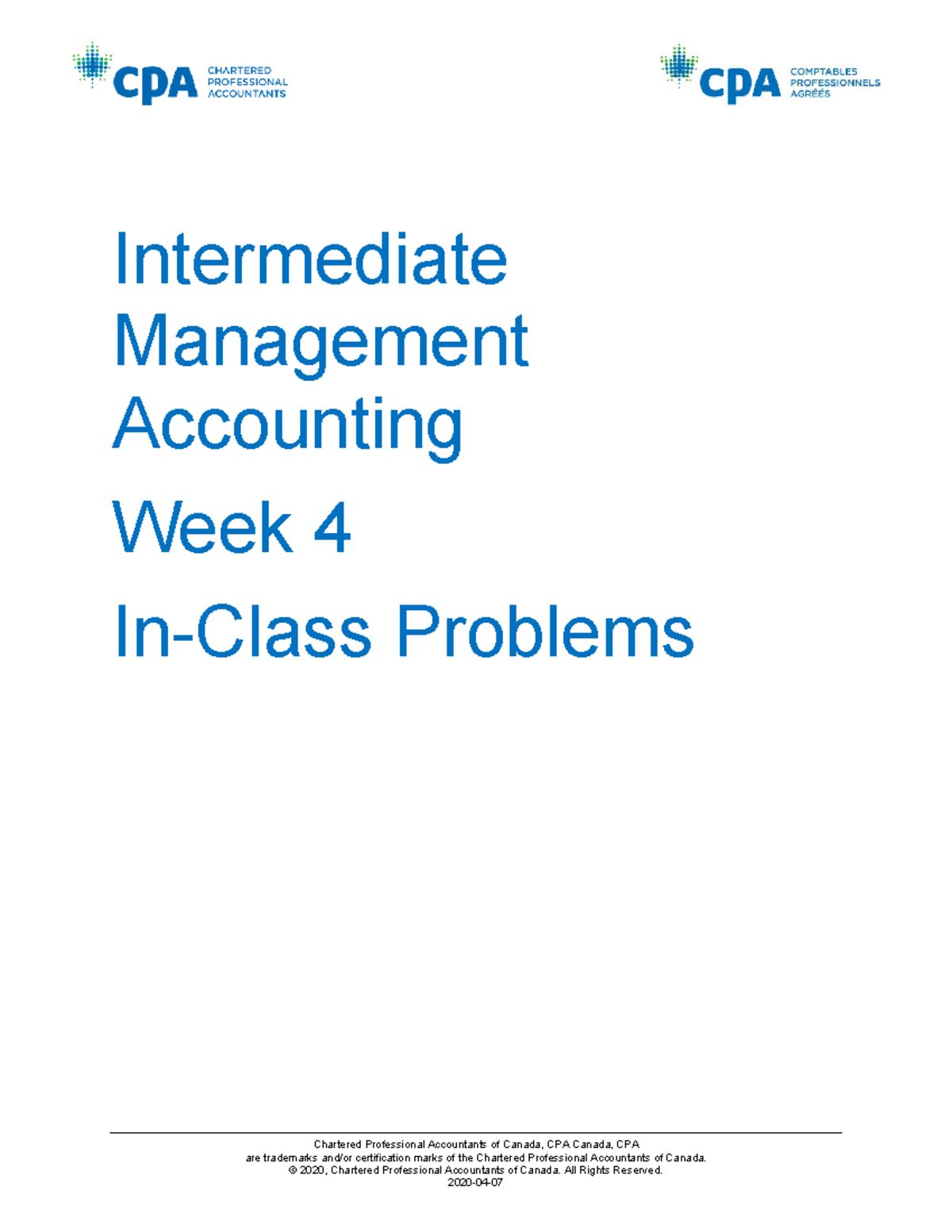 ICP solutions Intermediate Management Accounting Week 4 InClass Problems AUA Studocu