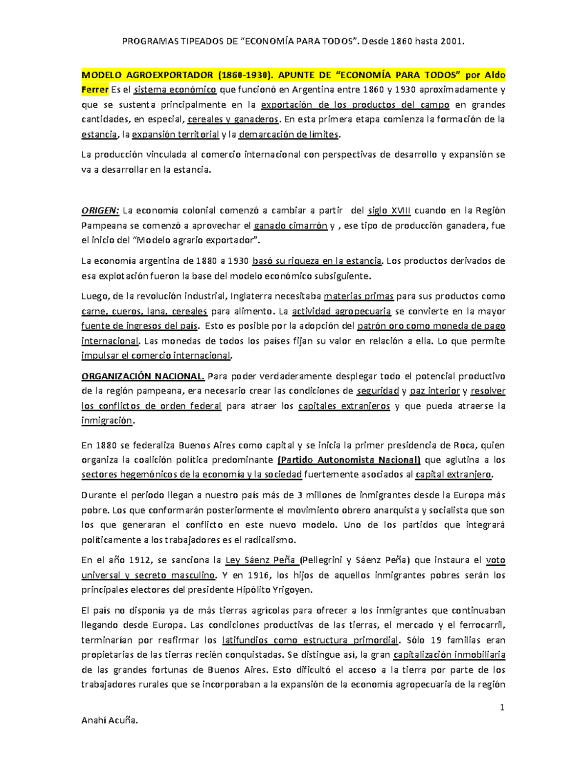 Economia PARA Todos Apuntes DE ALDO FERR - 1 MODELO AGROEXPORTADOR  (1860-1930). APUNTE DE “ECONOMÍA - Studocu