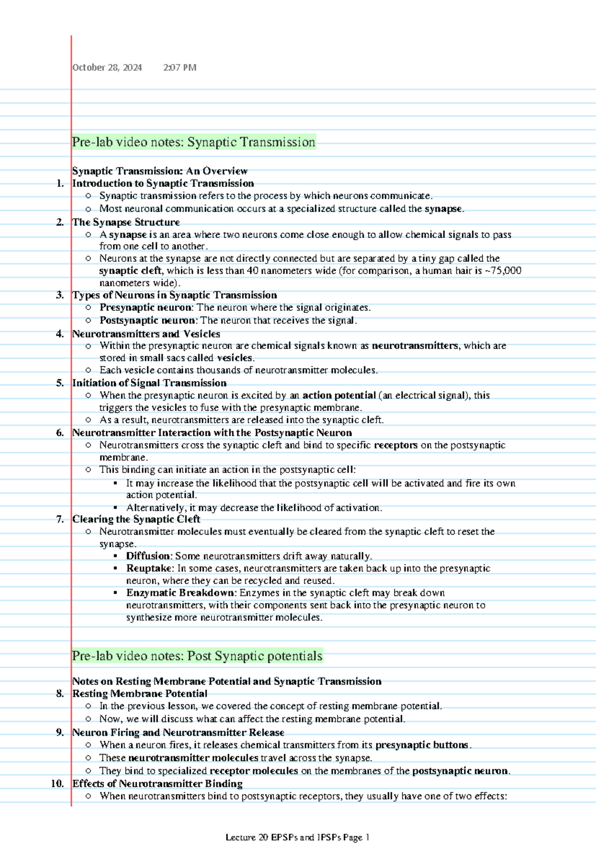 Pre-lab video notes Synaptic Transmission - Pre-lab video notes ...
