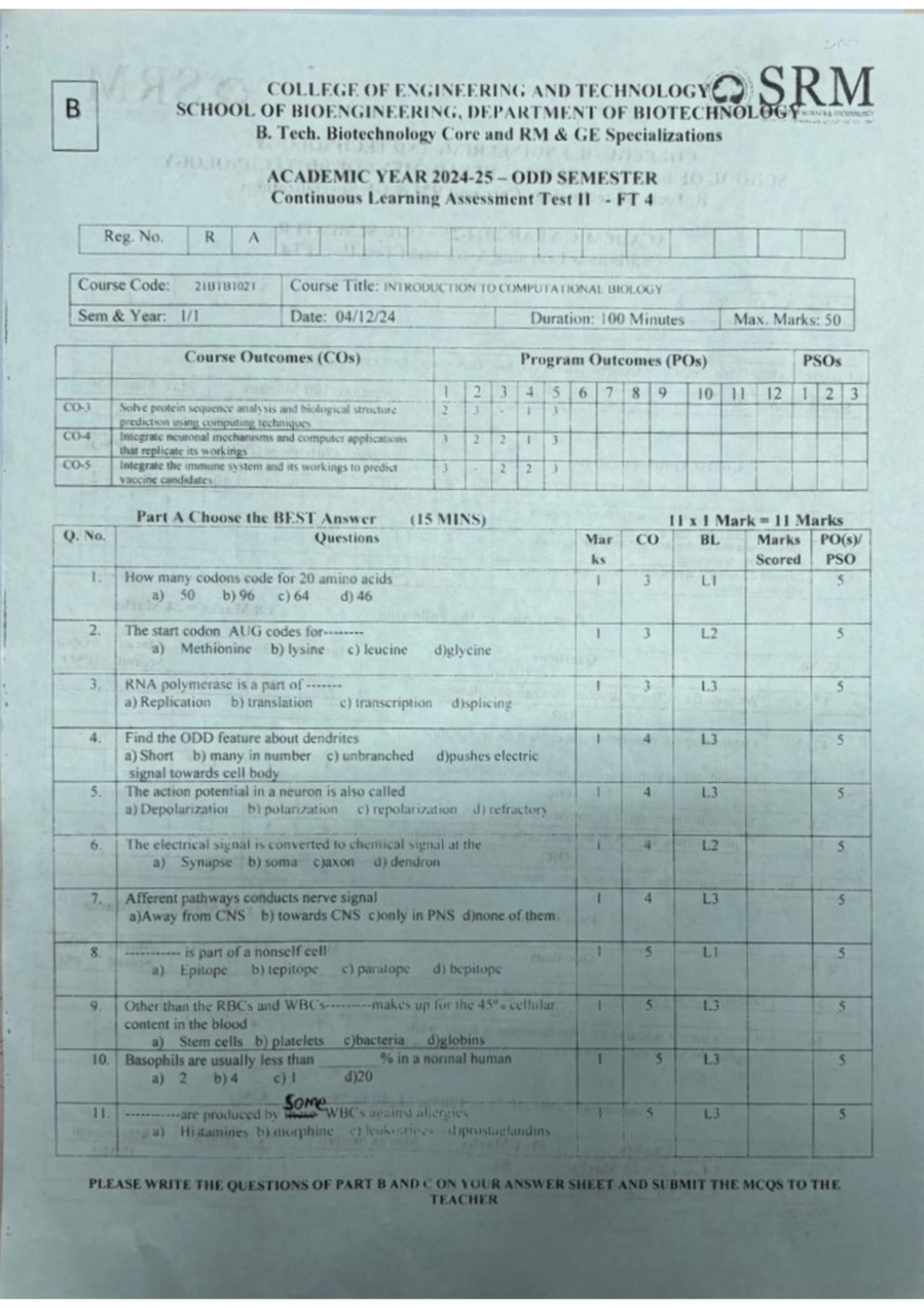 Bio Ct Biology Ct College Of Engineering And Technology Srm B