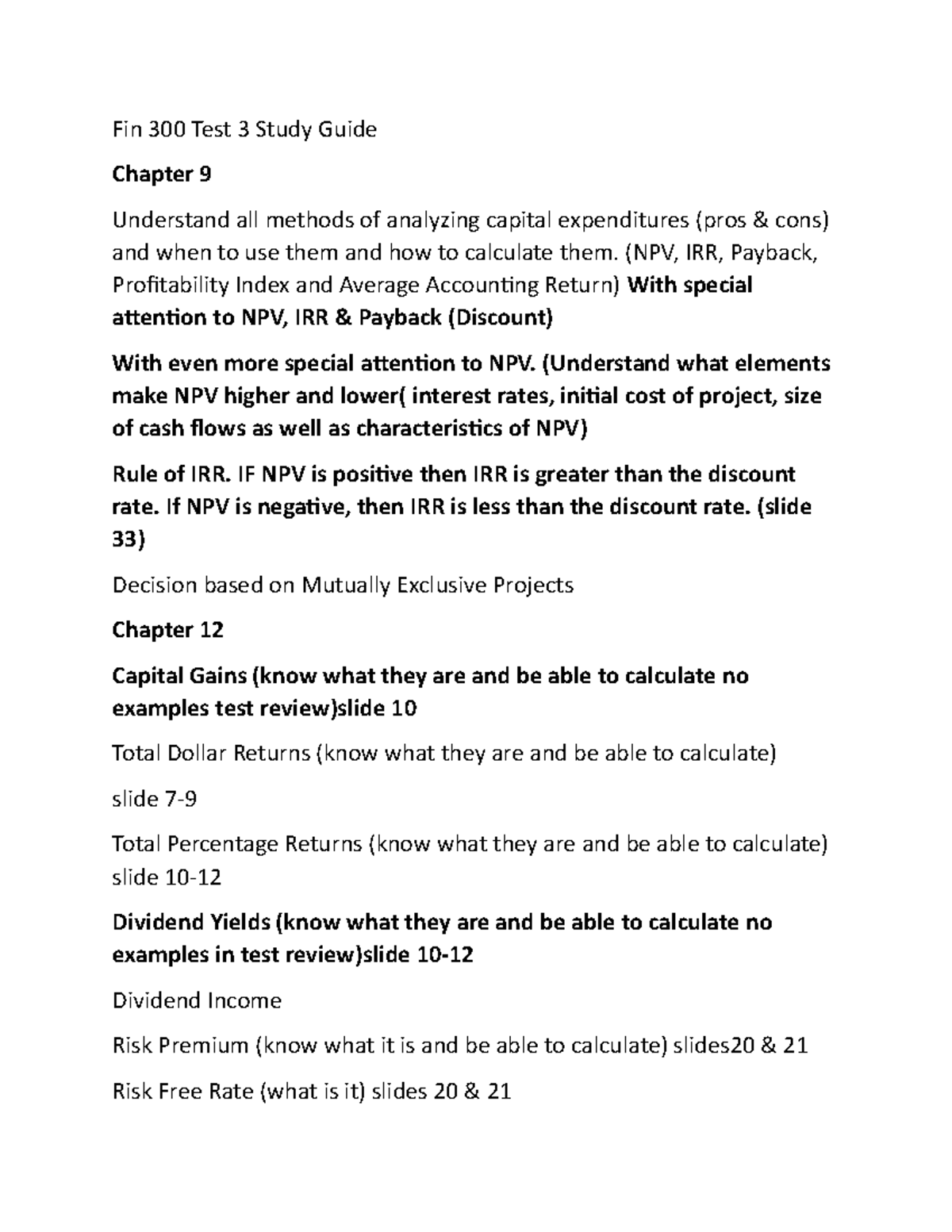 Fin 300 Test 3 Study Guide - Fin 300 Test 3 Study Guide Chapter 9 ...