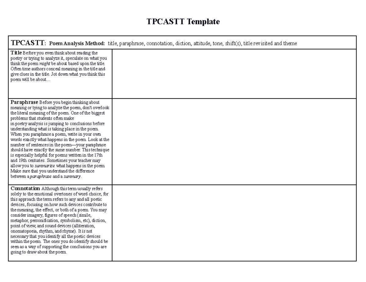 Tpcastt Template - TPCASTT Template TPCASTT: Poem Analysis Method ...