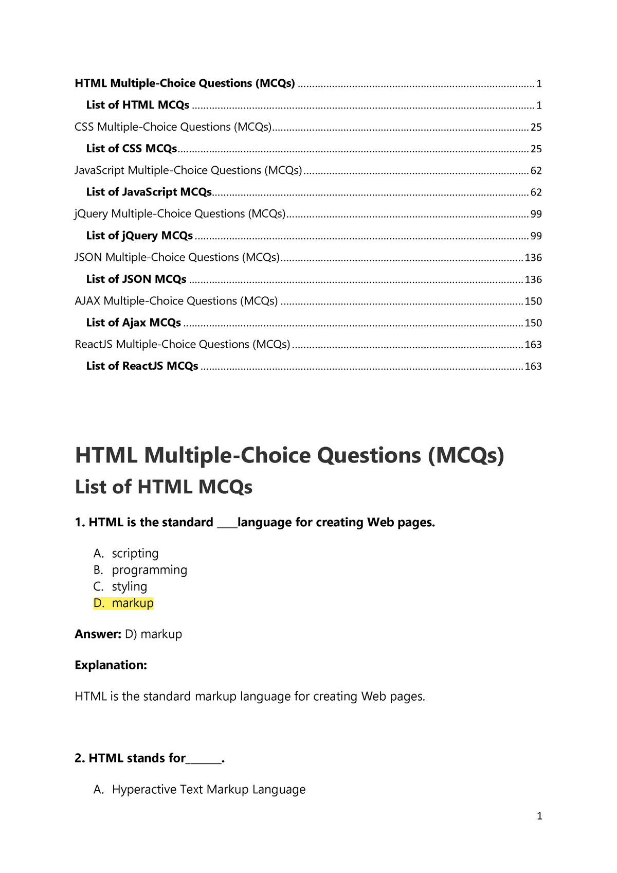 TOP WPT MCQ - HTML Multiple-Choice Questions (MCQs) - Studocu